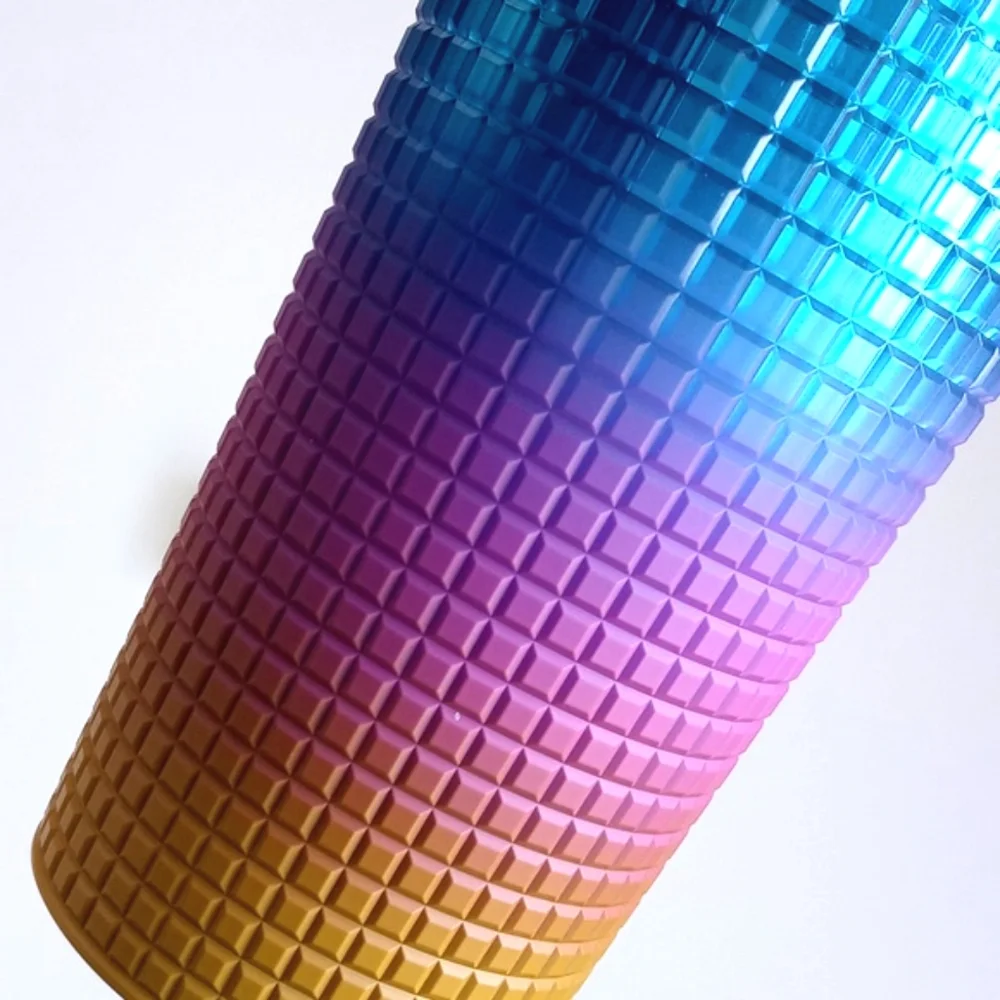 Starbucks Ombre Blue Pink Grid 24 oz Cold Cup Summer Bling Tumbler w Lid Straw